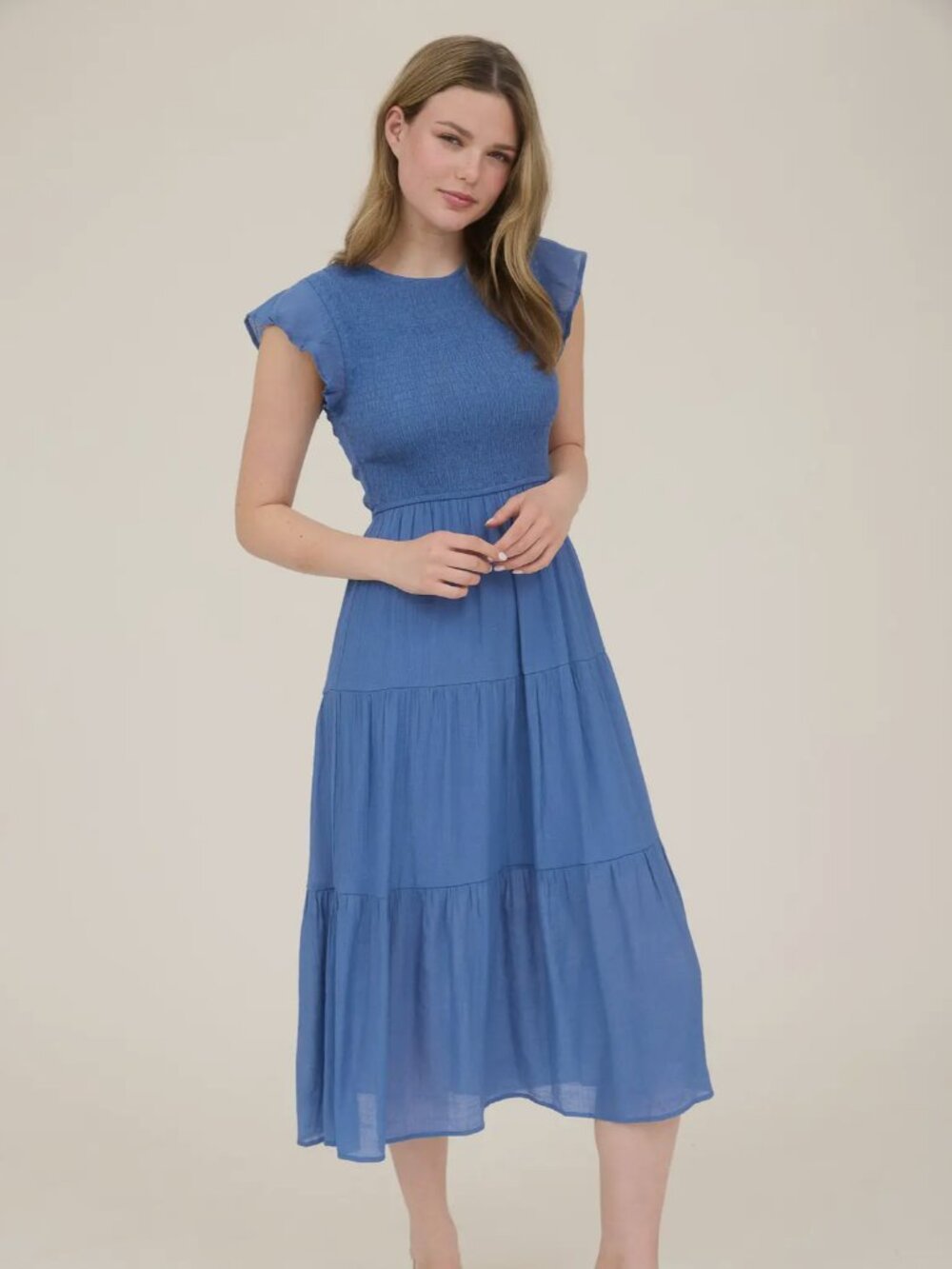 Blue  Pepper Dusty Blue Smocked Tiered Midi Tiered Dress